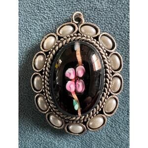Vintage Bonnie J Floral Glass Pendant Signed – Faux Pearl Frame Artisan Jewelry